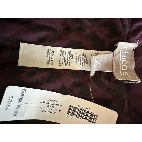 Chico's Reversible  Royal Bordeaux Quilted Jacket Button Closure 1 (M) - Picture 4 of 5